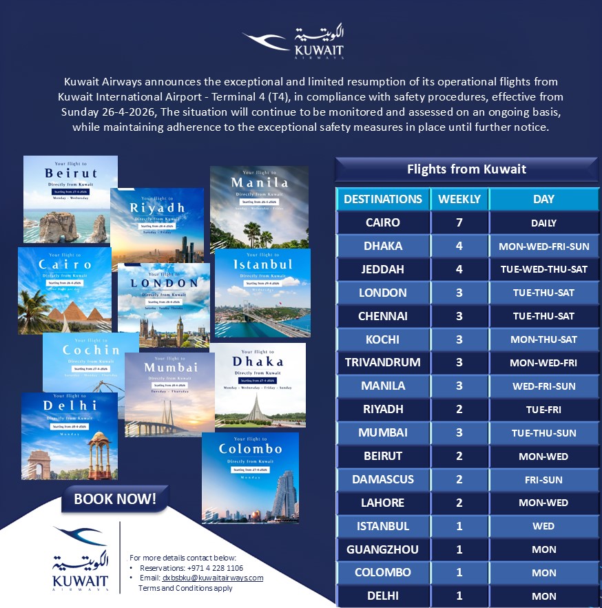 الخطوط الكويتية تستأنف رحلاتها لـ 17 وجهة عالمية من قلب 